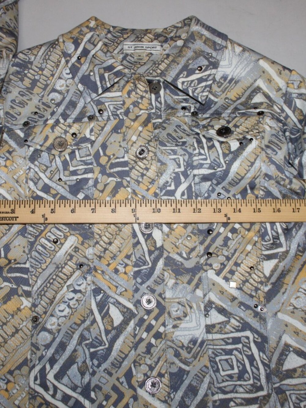 St John Sport Jacket Sz M Blue Yellow Multi Colored Cotton Spandex Jacket - Picture 9 of 11